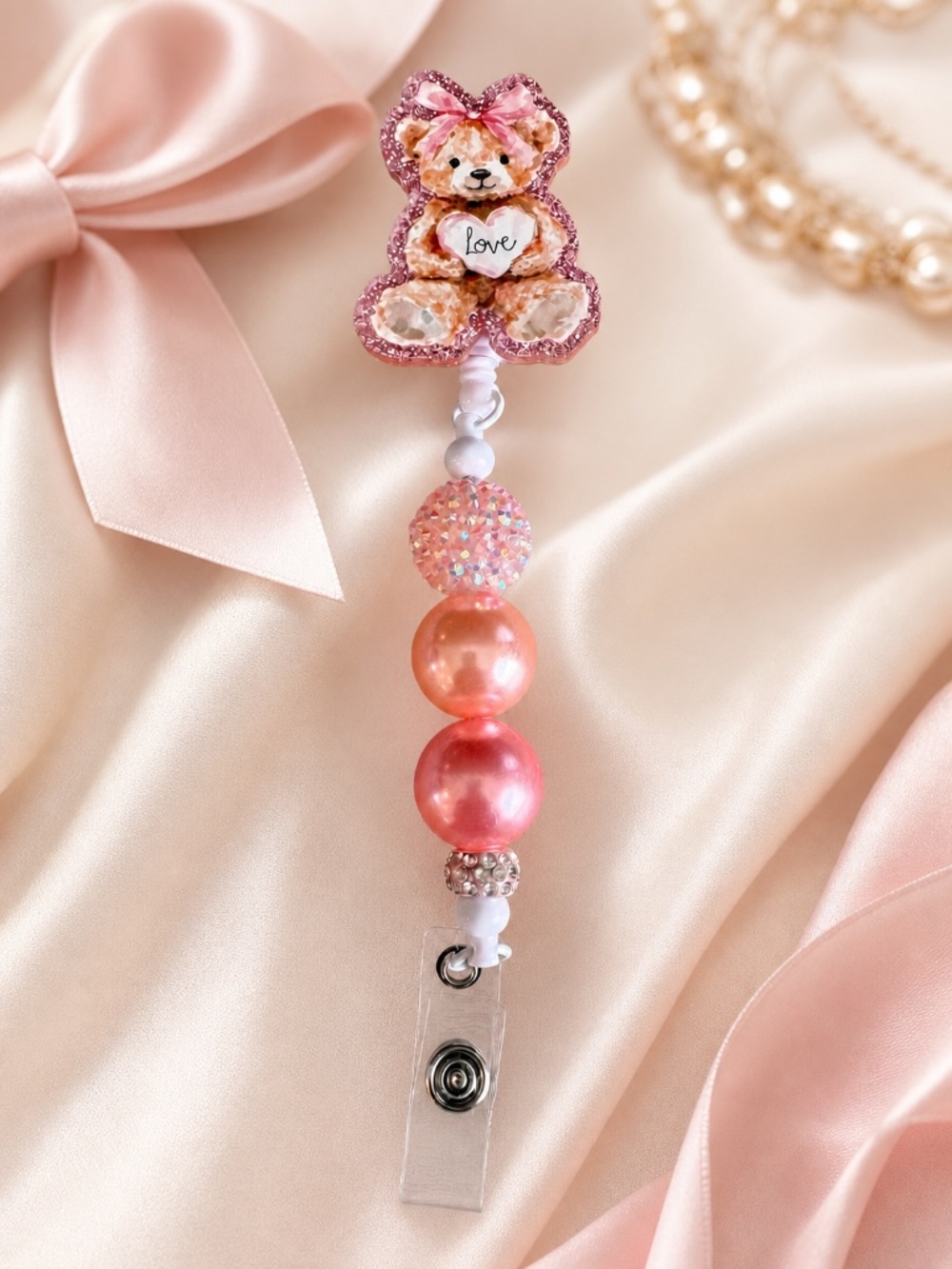 Handmade Girly Teddy Love Bear Pink Bow Beaded ID Badge